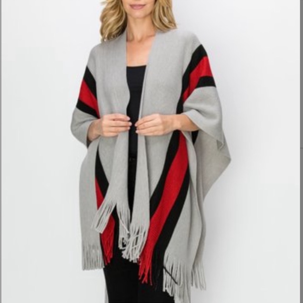 NEW•Atelier Jai Gray Striped Classic Chic Poncho• OS-3X